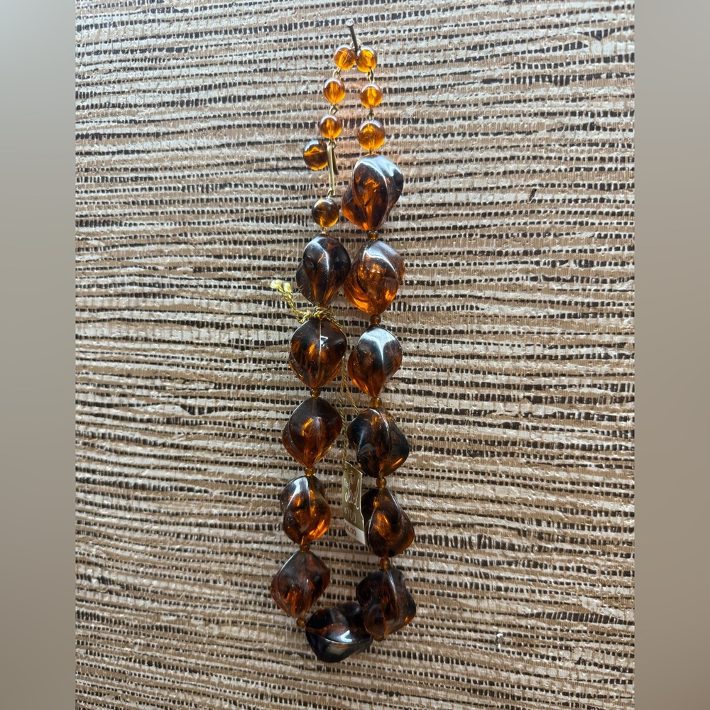 Lucite Amber Necklace Beaded Root Beer Lucite 17” Boho Rhomboid Deco Vintage NEW